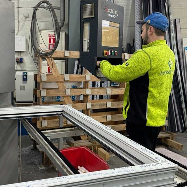 Darbinieks vada Schüring iekārtu, priekšplānā balts PVC rāmis