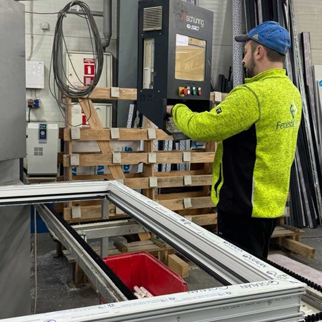 Darbinieks vada Schüring iekārtu, priekšplānā balts PVC rāmis